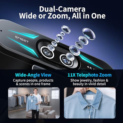 EMEET C60E Dual-Camera 4K Webcam for Streaming, Wide-Angle and Telephoto Cameras, Max 11X Hybrid Zoom & PDAF Autofocus, Remote Control, RGB Lighting, 2 Mics, Ideal for Livestreaming and Online Meeting - style: Dual-Camera w/ Remote