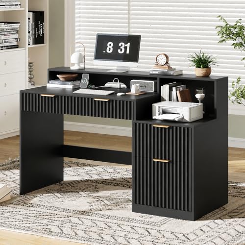 Vabches Fluted Computer Desk with Drawers, Home Office Desk with Power Outlets, Printer Stand and Storage Cabinet, Study Writing Desks with Long Monitor Stand, Black - color: Black