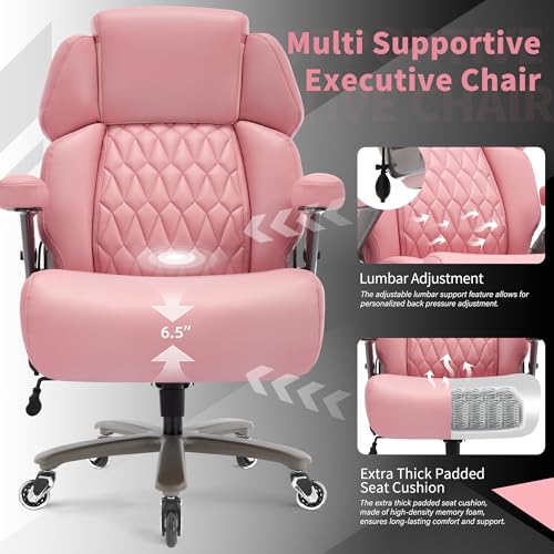 Big and Tall Office Chair 700lbs, Ergonomic High Back Computer Desk Chair | Adjustable Headrest&Lumbar Support, 3D Flip Arms, Large Wheels, Heavy Duty Metal Base, Thick Padded Wide Seat Executive Chair - color: Pink