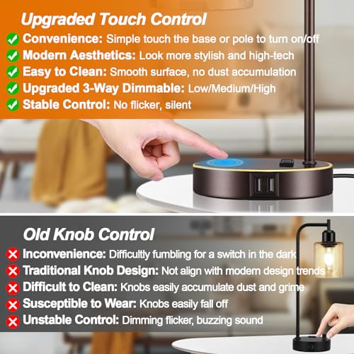Industrial Touch Table Lamps Set of 2 - Bedside Lamps with 2 USB Ports & AC Outlet, 3-Way Dimmable Nightstand Desk Lamp for Bedroom Living Room, Glass Shade & 2 LED Bulbs Included - Oil-Rubbed Bronze - color: Oil-Rubbed Bronze with Gold Edge