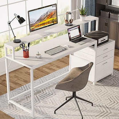 Tribesigns 63 Inch Computer Desk with File Drawer Cabinet, Ergonomic Desk - color: White