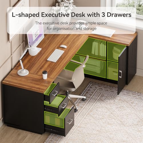 LITTLE TREE 87-Inch Modern Executive Desk with File Cabinet, Large Home Office Desk with Drawers, 3-Drawer Wooden File Cabinet, Spacious Workstation for Home Office (Brown & Black) - color: Brown and Black
