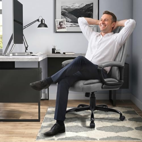 LEMBERI High Back PU Leather Executive Office Chair, Adjustable Swivel Computer Desk Chair with Padded Armrests for Home Office, Grey - color: Grey