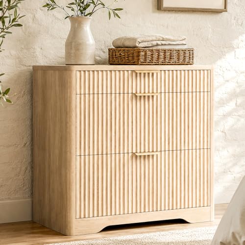 Lateral File Cabinet with 3 Drawers, Natural Oak Fluted Filing Cabinet | Fluted File Cabinet for Letter/Legal/A4 Size Hanging Files, Large Wood File Storage Cabinets Printer Stand for Home Office