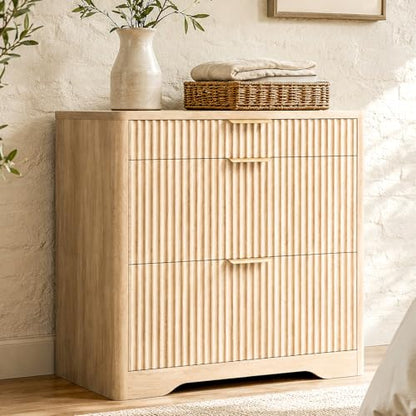 Lateral File Cabinet with 3 Drawers, Natural Oak Fluted Filing Cabinet | Fluted File Cabinet for Letter/Legal/A4 Size Hanging Files, Large Wood File Storage Cabinets Printer Stand for Home Office