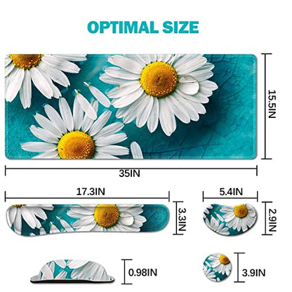 ARTSO Large Gaming Mouse Pad Set, Keyboard Wrist Rest Support + Mouse Wrist Cushion + Extended Mousepad + Coaster, 35x15.5in Multifunctional Desk Mat 4pcs, Cute Daisy - color: Cute Daisy