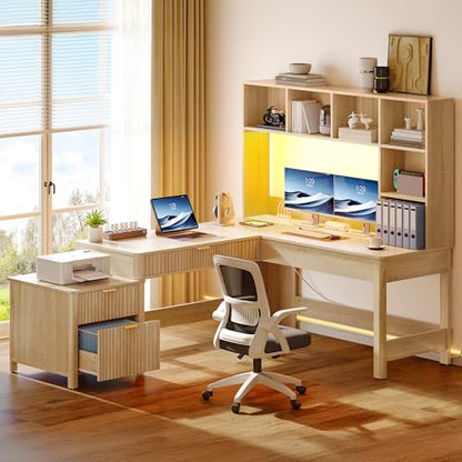 YITAHOME L Shaped Desk with Hutch & Drawers, Natural Oak, 67" | Computer Desk Gaming Desk, Power Outlets & LED Lights, Wood Home Office Desk with Printer Stand