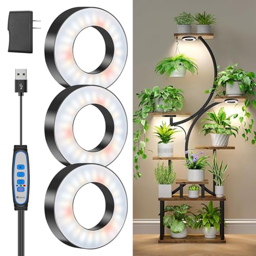 Wiaxulay Grow Lights for Indoor Plants, 144 LEDs Full Spectrum LED Plant Grow Light, 5V/3A Under Cabinet Grow Lamp with Auto Timer 6/12/16 Hrs, 3 Lighting Mode, 5 Brightness Levels, Tri Head (3.5in) - color: Black, size: 3.5in-3 Heads