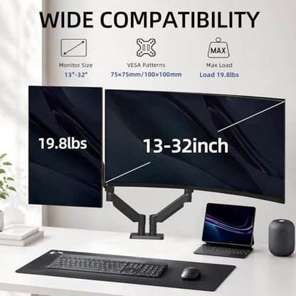Heavy Duty Dual Monitor Arm Desk Mount Gas Spring for 13-32 Inch Screens | Full Motion Dual Monitor Stand, VESA 75x75/100x100, 4.4-19.8 lbs Capacity Per Arm, C-Clamp and Grommet Mount - size: Dual Arm