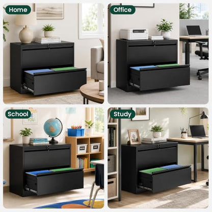 2 Drawer Lateral File Cabinet, Metal Filing Cabinet for Home Office, Black | Heavy-Duty Steel Locking File Cabinet, Hanging Letter/Legal/A4 Size, Full-Extension Drawer, Assembly Required - color: Black, size: 2 Drawers (35.43 in Width)