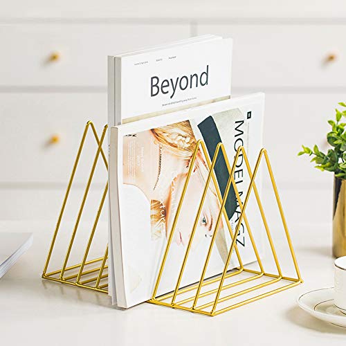 Sooyee 9 Slot Gold Magazine Holder, Desktop File Sorter Organizer Triangle Bookshelf Decor for Home Office, 10.2" L x 7" W x 6.9" H, Iron Wire - color: Gold
