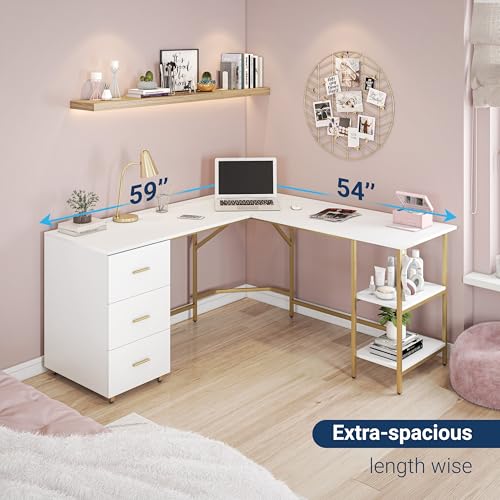 Techni Mobili 59" Two-Tone L‑Shaped Office Desk with Storage Shelves, Gold - color: Gold