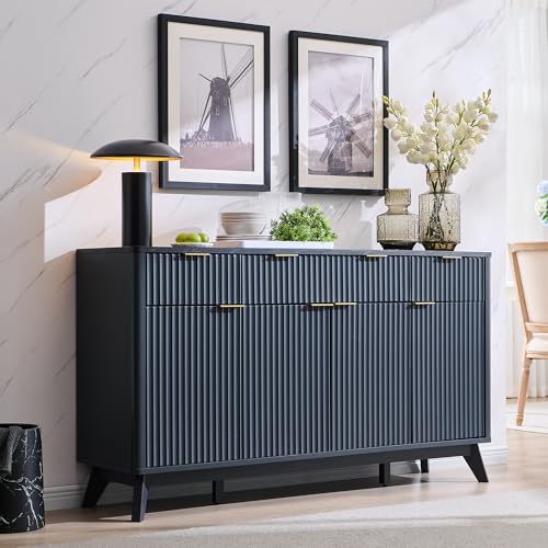 T4TREAM 60 Inch Fluted Buffet Sideboard Cabinet, Dark Grey | Modern Coffee Bar Storage Cabinet With 3 Drawers & 4 Doors, for Dining Room, Living Room, Hallway, Adjustable shelves - color: Dark Grey
