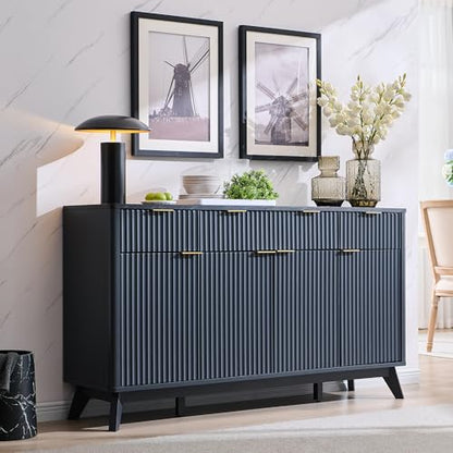T4TREAM 60 Inch Fluted Buffet Sideboard Cabinet, Dark Grey | Modern Coffee Bar Storage Cabinet With 3 Drawers & 4 Doors, for Dining Room, Living Room, Hallway, Adjustable shelves - color: Dark Grey