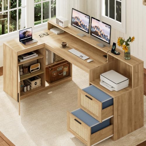 TVU Farmhouse L Shaped Desk with Drawers, 62.2" Home Office Desk with Storage Shelves and Power Outlet, L Shaped Computer Desk with Monitor Stand and Printer Shelf, Oak/Rattan - color: Oak/Rattan
