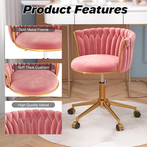 HENGJIANYI Velvet Woven Home Swivel Vanity Desk Chair with Gold Base, Pink | Modern Height Adjustable Office Chair with Metal Base and Hand Weaving Back Wheels for Bedroom Study Small Space girl women - color: Pink