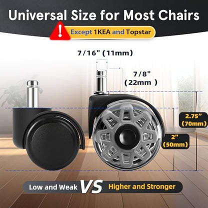 Office Chair Wheels Replacement, 2.5 Inch Heavy Duty Caster Set, for Carpet and Hardwood Floors, Universal Size 11x22mm, Fits 99%, Grey - style: 2.5 inch-Grey