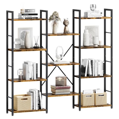 Shintenchi Triple Column 4 Tier Bookshelf, Industrial Large Bookcase Display Shelves, Large Etagere Bookshelf,Wide Book Shelf Book Case for Home & Office, Rustic Brown - size: 4-Tier(Wide)
