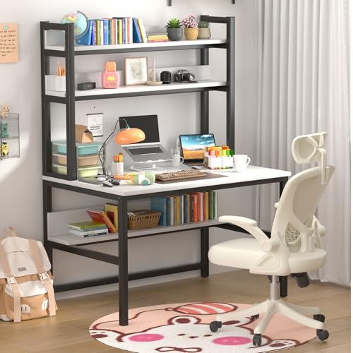 Aquzee Computer Desk with Shelves, 47" W x 23.6" D Gaming Desk with Hutch and Bookshelf, White Study Table for Bedroom Space Saving with 3 Tier Storage Shelf, Home Office Desk for Writing Work - color: White, size: 47inch