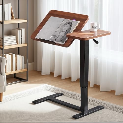 Overbed Table with Wheels, Adjustable Height Rolling Bedside Desk, Mobile Laptop Stand and Tilting Tray Table for Bed Sofa and Hospital Use (Walnut+26-38''h) - color: Walnut+26-38''h