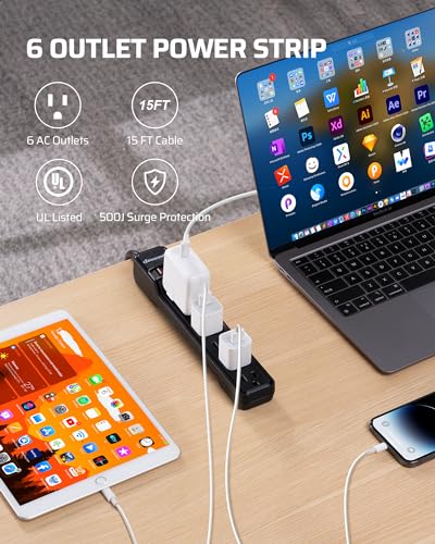 DEWENWILS 6-Outlet Power Strip Surge Protector, 15FT Long Extension Cord, Low Profile Flat Plug, 15 Amp Circuit Breaker, 500 Joules, Wall Mount, Black, UL Listed - style: Black 1 Pack
