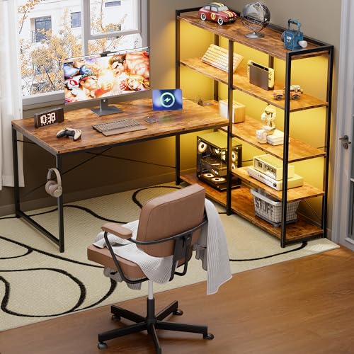 Pamray 49 Inch L Shaped Gaming Computer Desk with Shelves and Storage | Compact Reversible Design with LED Lights & Power Outlets, Suitable for Home Office Bedroom Small Spaces and Dorm Study Work - color: Vintage