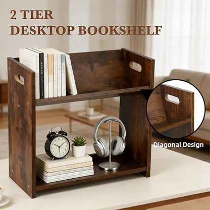 Desktop Bookshelf, 2 Tier Desk Shelf Organizer, Wood Office Tabletop Bookcase, Small Tabletop Book Rack, Portable Mini Bookcase for Book Display, Office, Home, Bedroom, Storage and Display