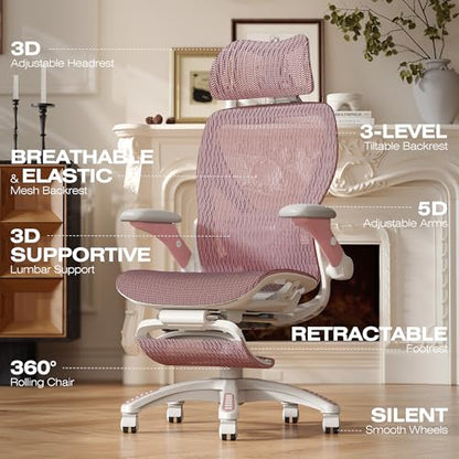ELABEST X100 Ergonomic Mesh Office Chair with Footrest, Big and Tall Home Desk Chair with 5D Flip-Up Arms, Adjustable 3D Lumbar Support, Gaming & Executive Computer Chair (Peach Blossom) - color: Peach Blossom