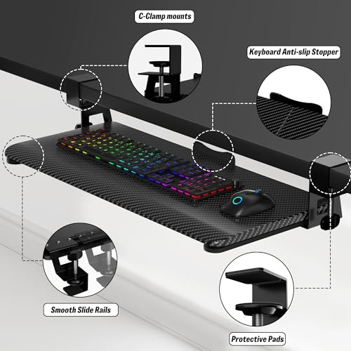 Under Desk Keyboard Tray, Slide-Out Keyboard Drawer with C-Clamp 25.6"x11.8" - color: Black Carbon Fiber