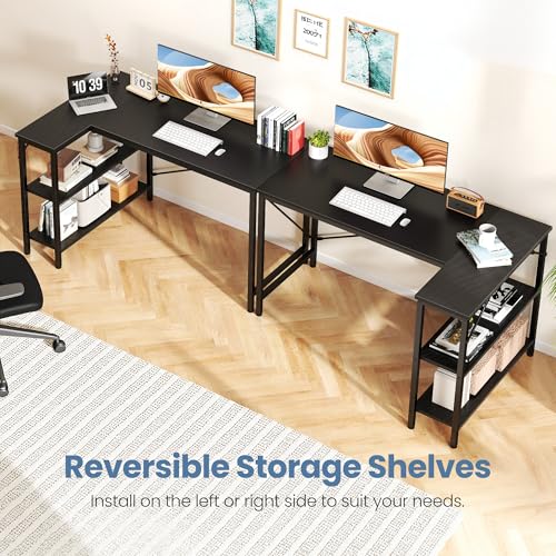 DUMOS L Shaped Computer Desk, 47" Gaming Corner Desks with Shelves | Home Office PC Table, Writing Working Study Desk with Reversible Layout, Bedroom Dorm, Black