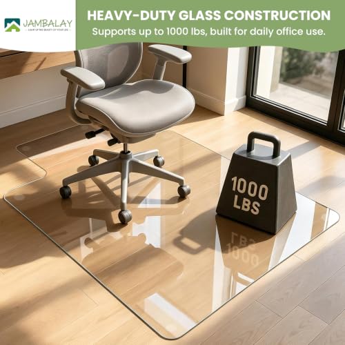 JAMBALAY Irregular Tempered Glass Chair Mat with Lip, 46"x36" Heavy Duty Glass Floor Mat for Carpet/Hard Floors, Carpet Office Chair Mats with Anti-Slip Pads, Thick 0.2″, Clear - size: 46"x36"-With Lip