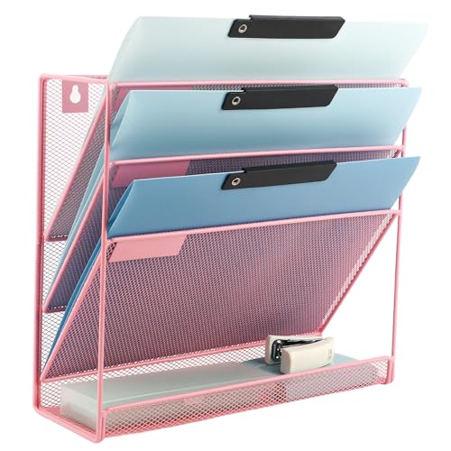 Desk File Organizer Mesh 4-Tier, Hanging Wall Mount Document Organization Stand, Desktop Vertical Mail Paper Folder Holder Rack with Bottom Tray for Office Home Cubicle Countertop, Pink - color: Pink, size: 4 Tier
