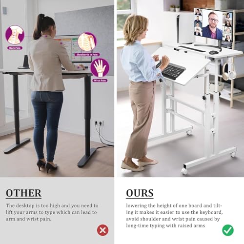 Simple Deluxe Split Top Rotating Standing Desk on Wheels – 23.6" Manual Adjustable Height Mobile Laptop Computer Table – Sit Stand Rolling Workstation with Tilt Function – White - color: White