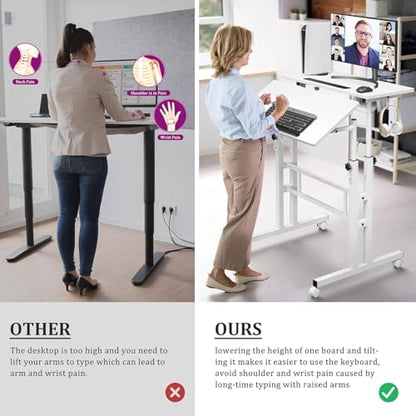 Simple Deluxe Split Top Rotating Standing Desk on Wheels – 23.6" Manual Adjustable Height Mobile Laptop Computer Table – Sit Stand Rolling Workstation with Tilt Function – White - color: White