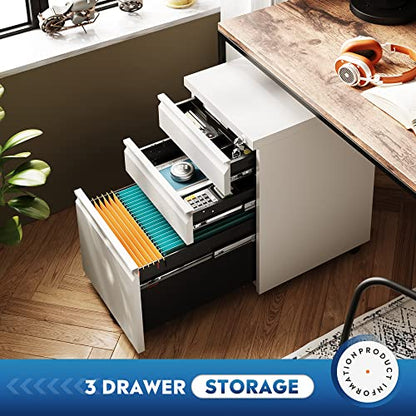 DEVAISE 3 Drawer Mobile File Cabinet with Lock, Metal, White - color: White, size: 17"D x 15"W x 24"H