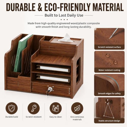 Desktop Organizer with Lockable Drawer and Keys, Desk Shelf with Tissue Box, Dual File Holders & 3-Tier Shelves, Multi-Functional Office Storage Rack 22.0×10.6×6.7 Inch for Office and Study Room