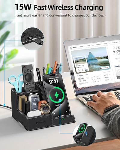 Wireless Charger with Desk Organizer, 3 Compartments and 1 Phone Stand - color: Black