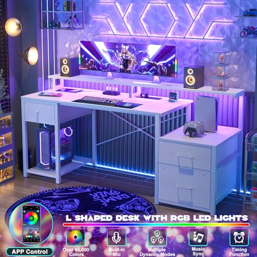 Aheaplus 59" Gaming Computer Desk with 3 Drawer, Power Outlet, Led Lights - color: White