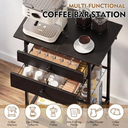 Rolling Coffee Cart,5-Tier Coffee Bar Cart with Pod Drawer Holder & Wire Storage Basket,33.6" H Small Coffee Station Cabinet with Storage,for Living Room,Dining Room,Home Office,Black - color: Black