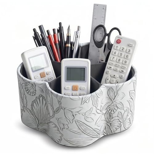 Flower Shaped Leather Art Supply Organizer,Remote Control Holder,360 Degree Spinning,Multi-Functional Pencil Holder,5 Compartments Desktop Stationary Organizer(1-Flower Grey) - color: 1-Flower Grey, size: 360 Degree Rotation