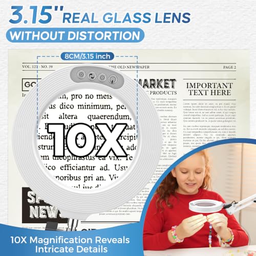 10X Magnifying Glass with Light and Stand,Hands-Free Desk Magnifier | Glass Lens, 5 Color Modes, Portable Velvet Bag,Adjustable Lightness & Swing Arm for Crafts Hobbies Reading Sewing Close Work - color: White Magnifying Glasses With Light