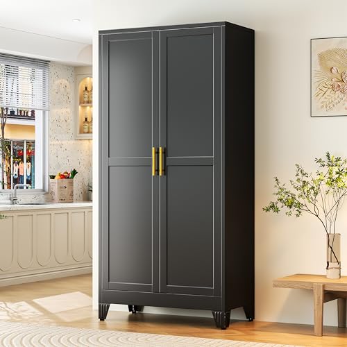 GAIOUS 75.2" Tall Metal Storage Cabinet with 2 Doors and 5 Adjustable Shelves, New upgrade Kitchen Pantry Cabinet, Black Freestanding Cupboard, 6 Tier Steel Storage for Office, Kitchen, Dining, Garage - color: Black, size: 18"D x 36"W x 75.2"H