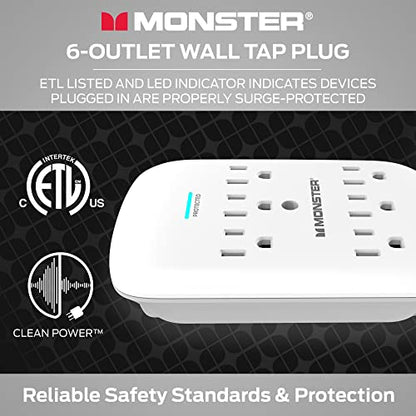 Monster 5000W Surge Protector Power Strip, 6 Outlet Wall Outlet Extender, 120V, 300 Joules Surge Protection, ETL Certified, LED Ground Indicator, Compact Wall Tap, White