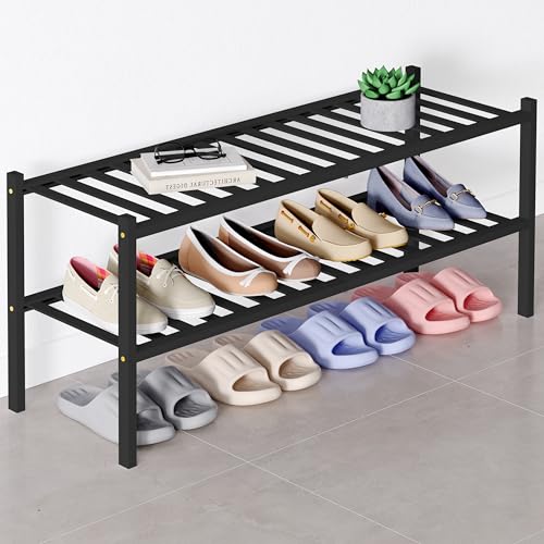 Smiry Bamboo Shoe Rack for Closet, 2 Tier - 33.86" Wide, Black | Stackable Wooden Shoe Organizer, Wood Shoe Storage Shelf for Entryway, 14 Vertical Slats, Reinforced Legs - color: Black, size: 2 Tier - 33.86" Wide