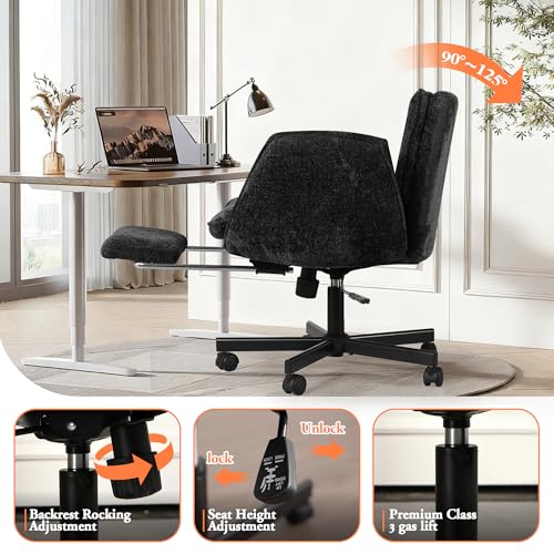 Criss Cross Chair with Footrest & 5 Level Folding Arms Full Relaxation, Wide Cross Legged Office Chair for Home Office, Comfy Swivel Desk Chair with Ottoman, Chenille Vanity Chair (Black) - color: Black, style: With Footrest