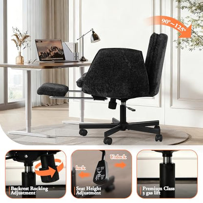 Criss Cross Chair with Footrest & 5 Level Folding Arms Full Relaxation, Wide Cross Legged Office Chair for Home Office, Comfy Swivel Desk Chair with Ottoman, Chenille Vanity Chair (Black) - color: Black, style: With Footrest