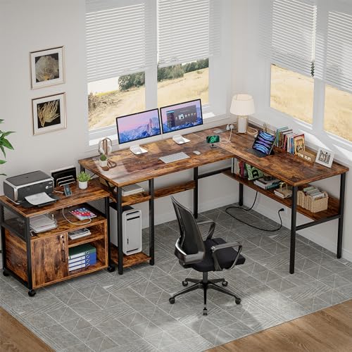 Unikito L Shaped Computer Desk with Magic Power Outlets and USB Charging Port, Sturdy Reversible Corner Desk with Storage Shelves, Modern Work Desk for Home Office, Easy to Assemble, Rustic Brown - color: Rustic Brown