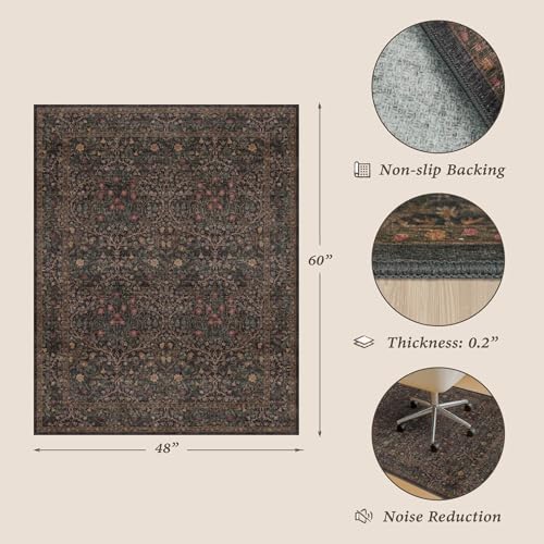 Taupe Brown Office Chair Mat for Hard Wood & Tile Floors, 48x60 Non-Slip Low Pile Under Desk Rug, Washable Floor Protector for Heavy Duty Office Chair, Vintage Traditional Dark Neutral Floral Décor - color: Forest - Dark Brown, size: 4' x 5'