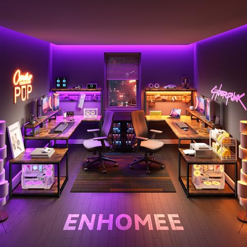 EnHomee 63" L Shaped Gaming Desk with LED Lights & Power Outlets,Brown - color: Rustic Brown, size: 63"W