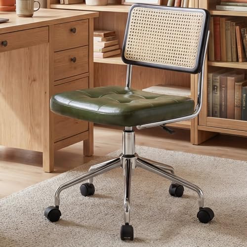 Zesthouse Leather Office Desk Chair with Wheels, Mid Century Rolling Desk Chair with Natural Rattan Back, Modern Swivel Home Office Chair, Small Height Adjustable Computer Task Chair, Green - color: Green, size: Armless